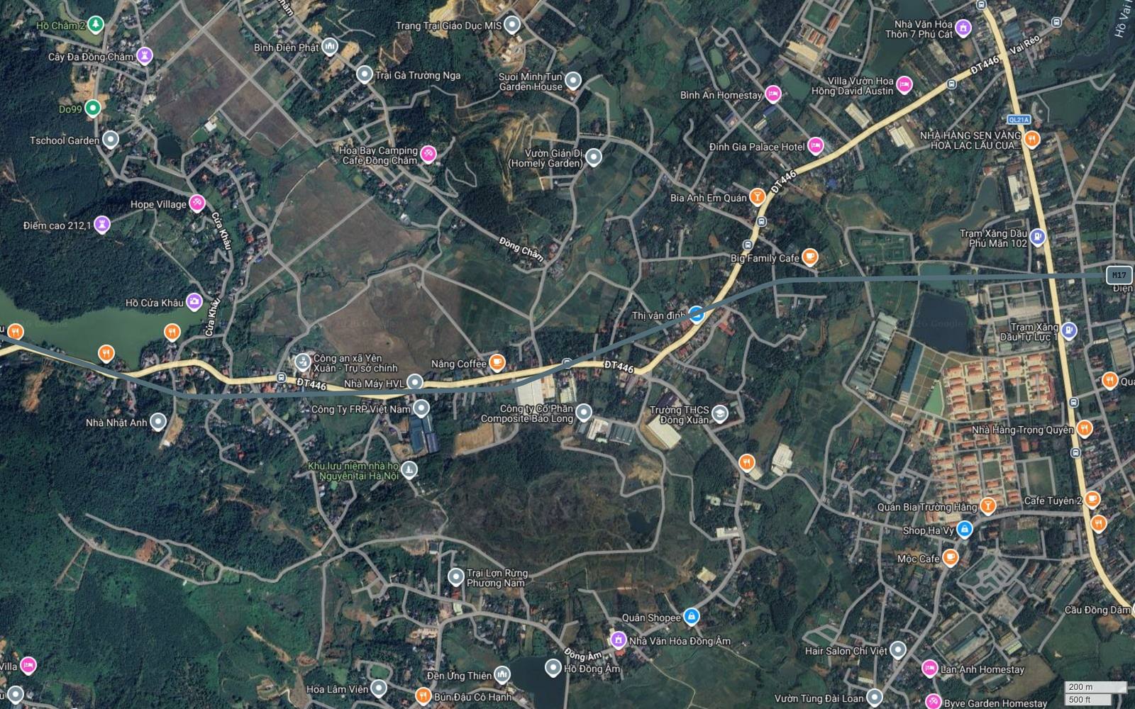 Bản đồ vệ tinh khung 13 tuyến metro số 17 tiếp cận Quốc lộ 21A tại Phú Cát, hồ Vai Réo ở phía bắc