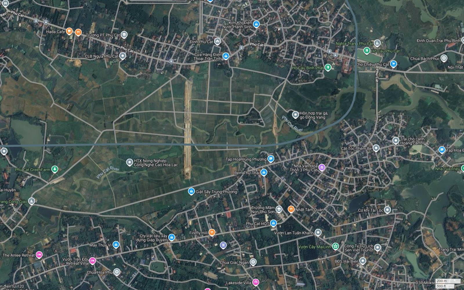 Bản đồ vệ tinh khung 18 tuyến metro số 17 đi lên bắc qua ruộng trũng phía đông Nhà máy In Tiền Quốc gia