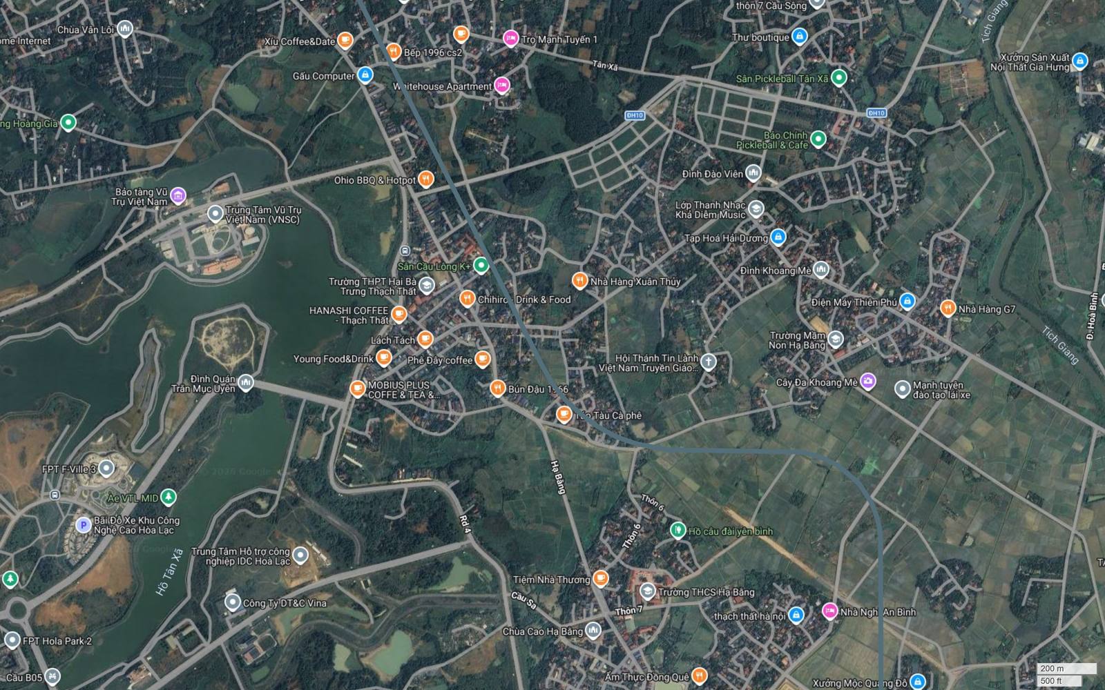 Bản đồ vệ tinh khung 28 tuyến metro số 17 qua Tân Xã với hồ Tân Xã, FPT F-Ville 3 và các khu căn hộ